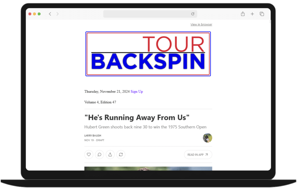 a picture of the Tour Backspin Substack newsletter on a laptop